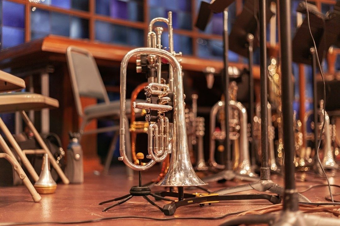 Glänzendes Blechblasinstrument zwischen weiteren Instrumenten im Orchesterraum